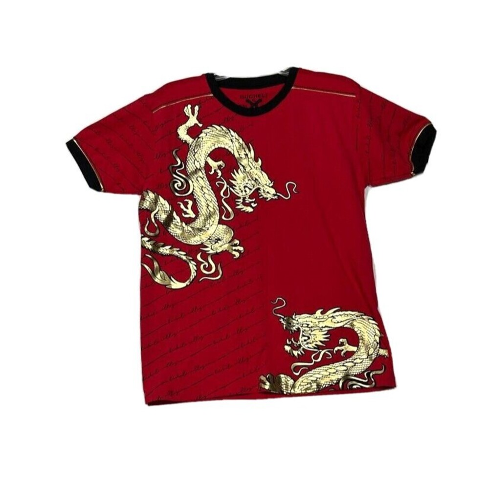 Bucheli Mens T Shirt XL Moda Italia Red Slim Fit Gold Dragons Short Sleeve